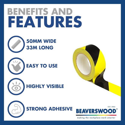 Beaverswood Industrial Vinyl Floor Line Marking Tape 50mmx33m Black/Yellow (Roll) - LMT/BY
