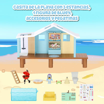 Bluey - Beach Cabin Playset, Blue Dog Beach House, Toy with Figure, with Accessories, Pool, Glasses, Float, Barbecue, Blue House, Famous (BLY66000
