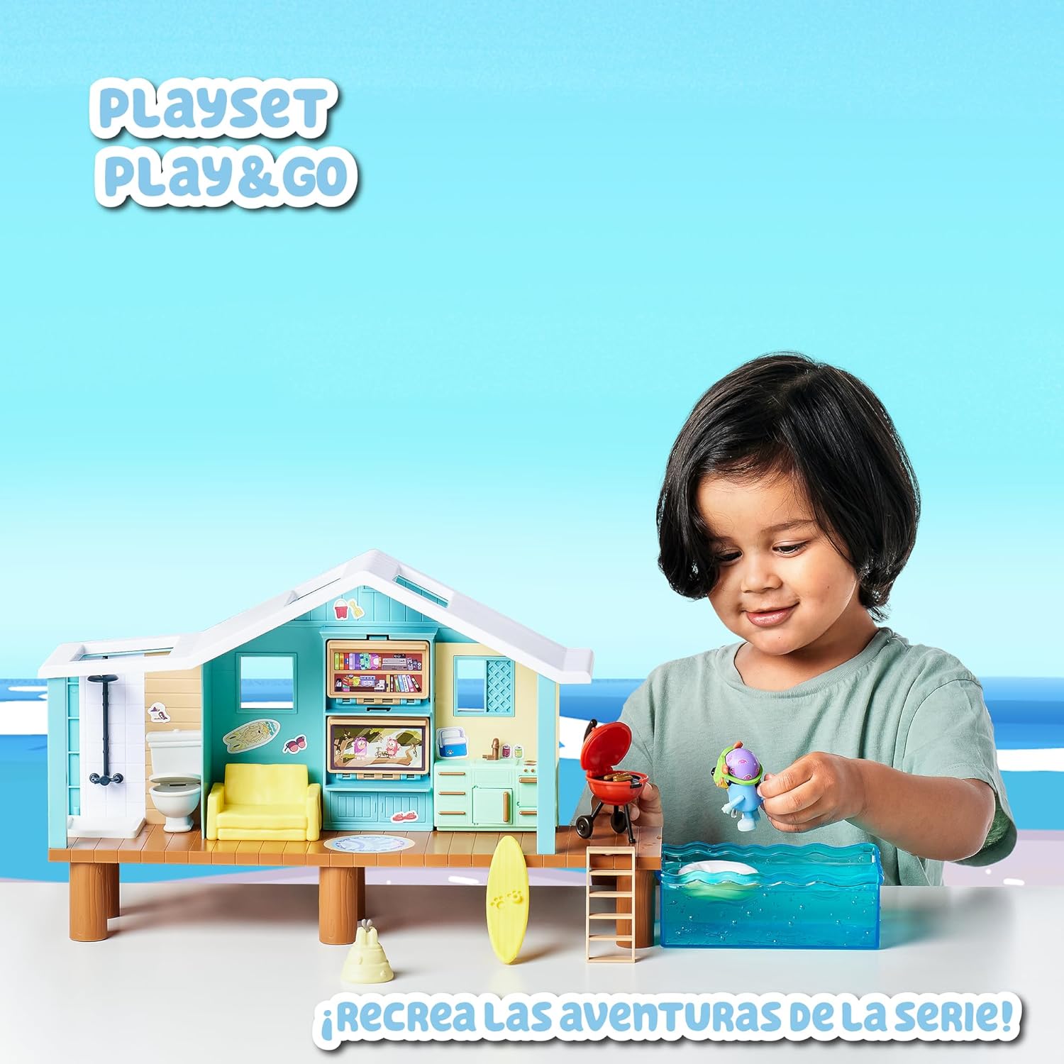 Bluey - Beach Cabin Playset, Blue Dog Beach House, Toy with Figure, with Accessories, Pool, Glasses, Float, Barbecue, Blue House, Famous (BLY66000