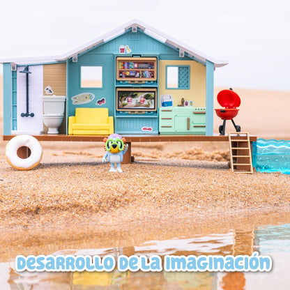 Bluey - Beach Cabin Playset, Blue Dog Beach House, Toy with Figure, with Accessories, Pool, Glasses, Float, Barbecue, Blue House, Famous (BLY66000