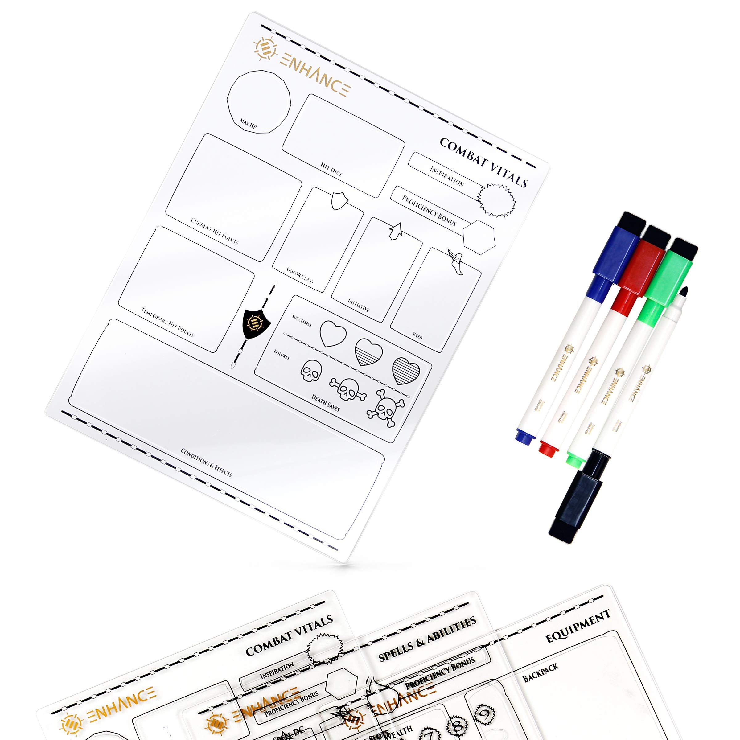 Tabletop Acrylic Character Sheet Set - Reusable 5e Dungeons and Dragons Character Sheets (Combat, Spell, Equipment) for All DnD 5e Classes - Includes 3 Sheets, Dry Erase Markers, Travel Pouch