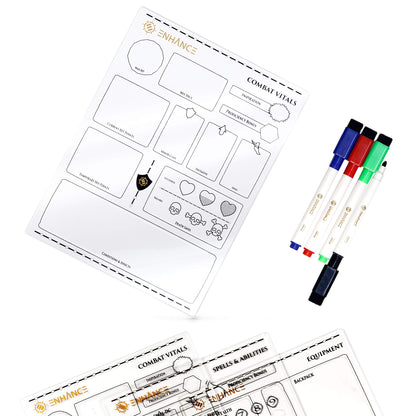 Tabletop Acrylic Character Sheet Set - Reusable 5e Dungeons and Dragons Character Sheets (Combat, Spell, Equipment) for All DnD 5e Classes - Includes 3 Sheets, Dry Erase Markers, Travel Pouch
