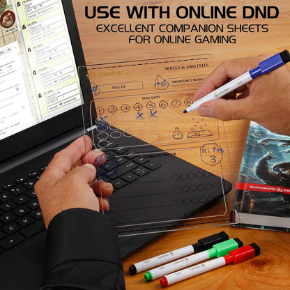 Tabletop Acrylic Character Sheet Set - Reusable 5e Dungeons and Dragons Character Sheets (Combat, Spell, Equipment) for All DnD 5e Classes - Includes 3 Sheets, Dry Erase Markers, Travel Pouch