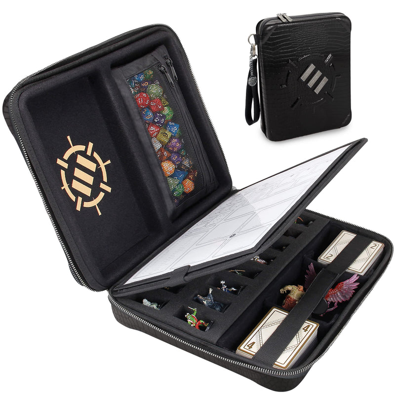 ENHANCE Collector's Edition RPG Organizer Case - DND Binder with Built-in Character Sheet Holder and Erasable Scribe Panel, Dice Rolling Area, Removable Pen Pouch, Miniature Foam Tray (Dragon Black