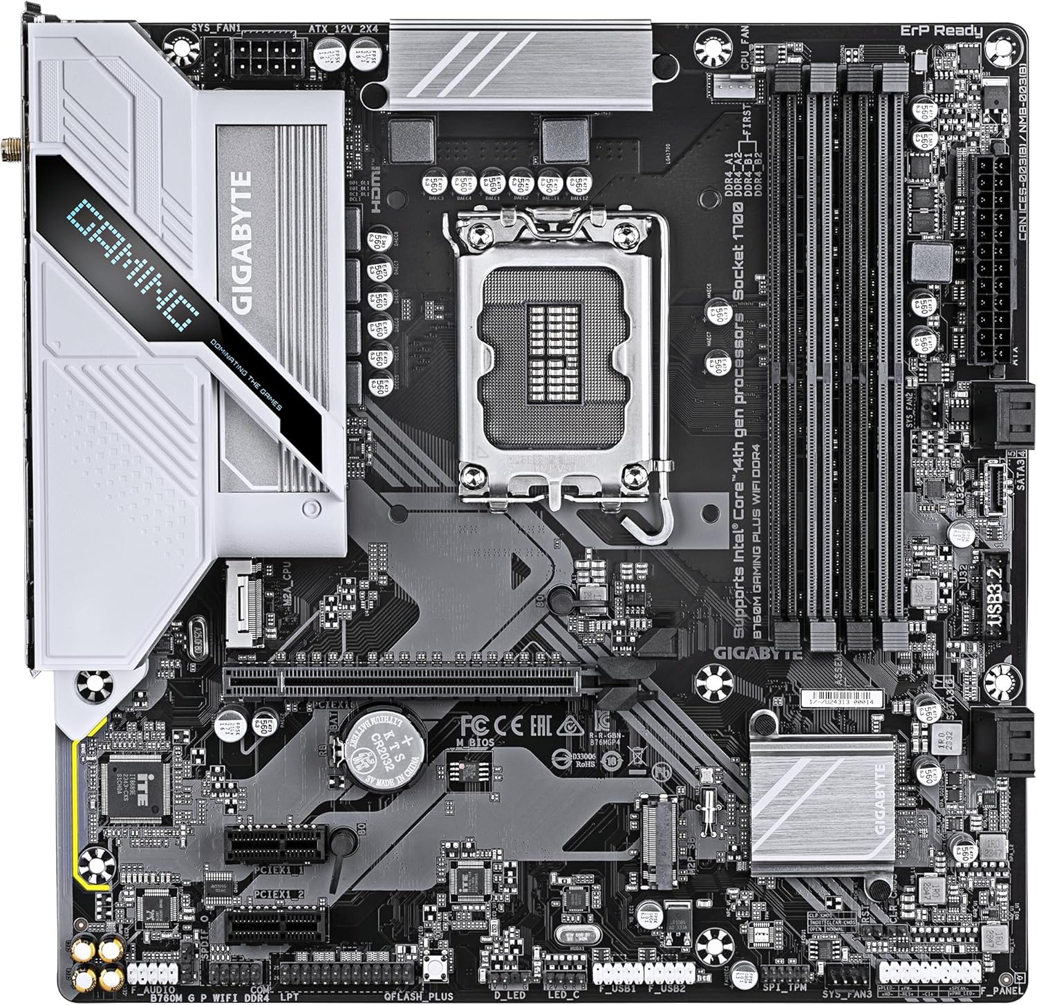 GIGABYTE B760M GAMING PLUS WIFI DDR4 Motherboard - Supports 14th Gen. Intel Core CPUs, 4+1+1 phases VRM, up to 5333MHz DDR4 (OC), 2xPCIe 4.0 M.2, Wi-Fi 6, 1 GbE LAN, USB 3.2 Gen 1