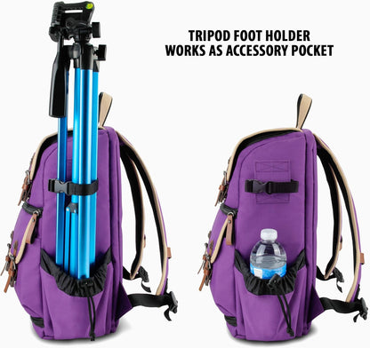 GOgroove Mid-Size Camera Backpacks for Photographers - DSLR Camera Backpack with Tablet Compartment, Accessory Storage, Tripod Holder, Rain Cover Small Camera Bag for DSLR Camera and More (Purple