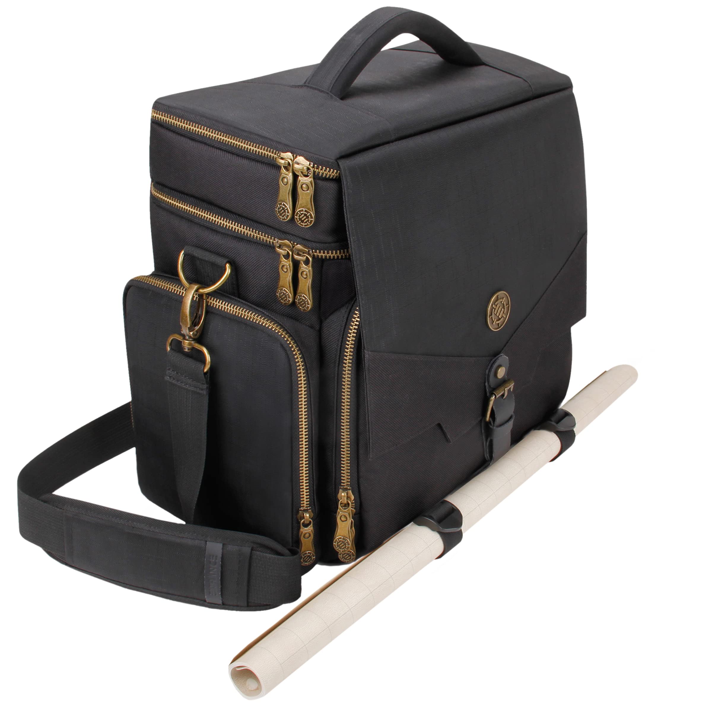 ENHANCE Tabletop DND Bag - RPG Adventurer's Dungeons and Dragons Accessories Bag with Miniatures Storage, Mat Holder, DND Dice & Token Pockets, Fits 4-8 Books, DM's Guide, Player's Handbook (Black