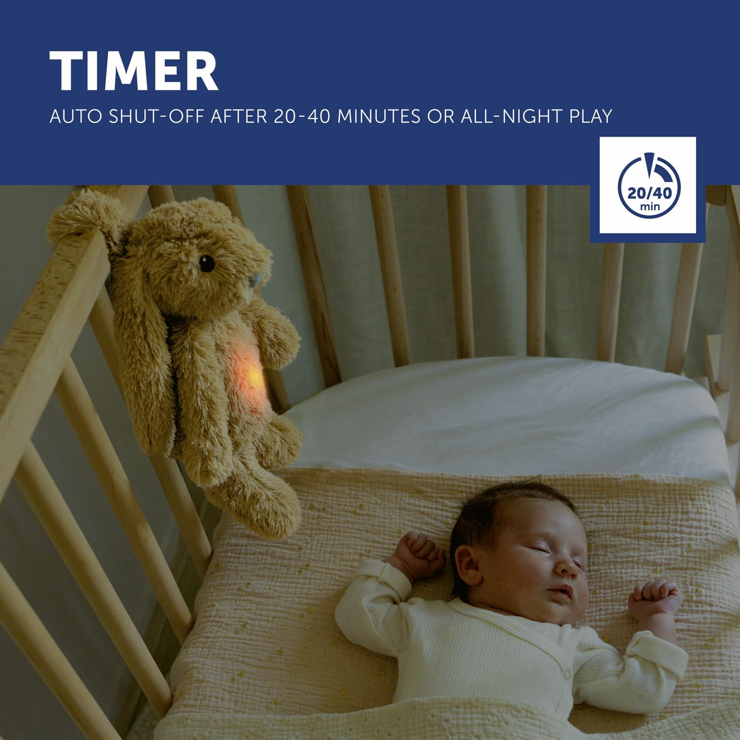 ZAZU - Ro der Hase Baby Schlafhilfe mit wiederaufladbarem Akku – Nachtlicht in mehreren Farben & beruhigende Geräusche, Weinsensor, Auto-Abschaltung und USB-C-Ladekabel (Beige