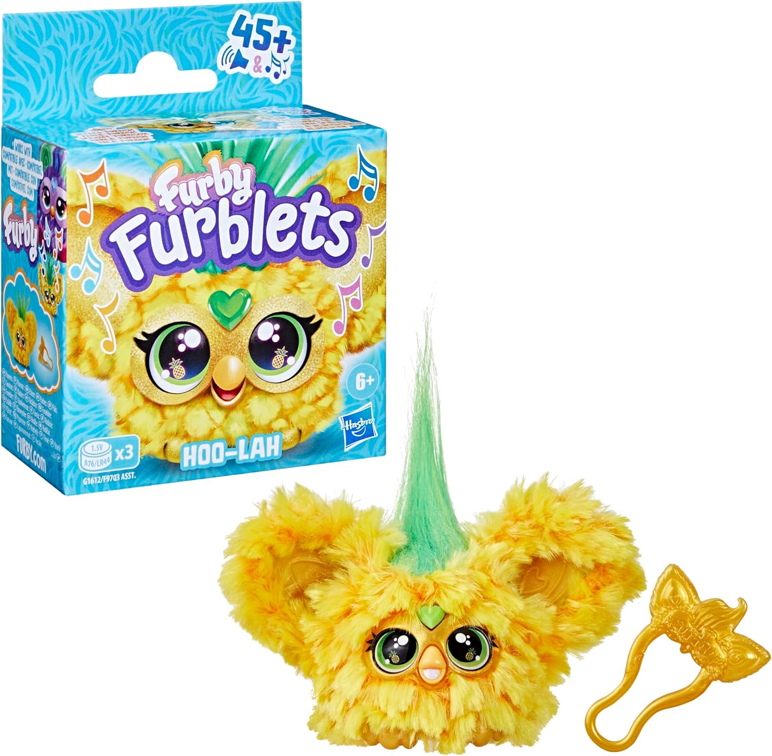 Furby Furblets Hoo-Lah Pineapple Mini Friend, 45+ Sounds & Music, Speaks Only Furbish, Electronic Plush Toys for 6 Year Olds & Up, Yellow & Green