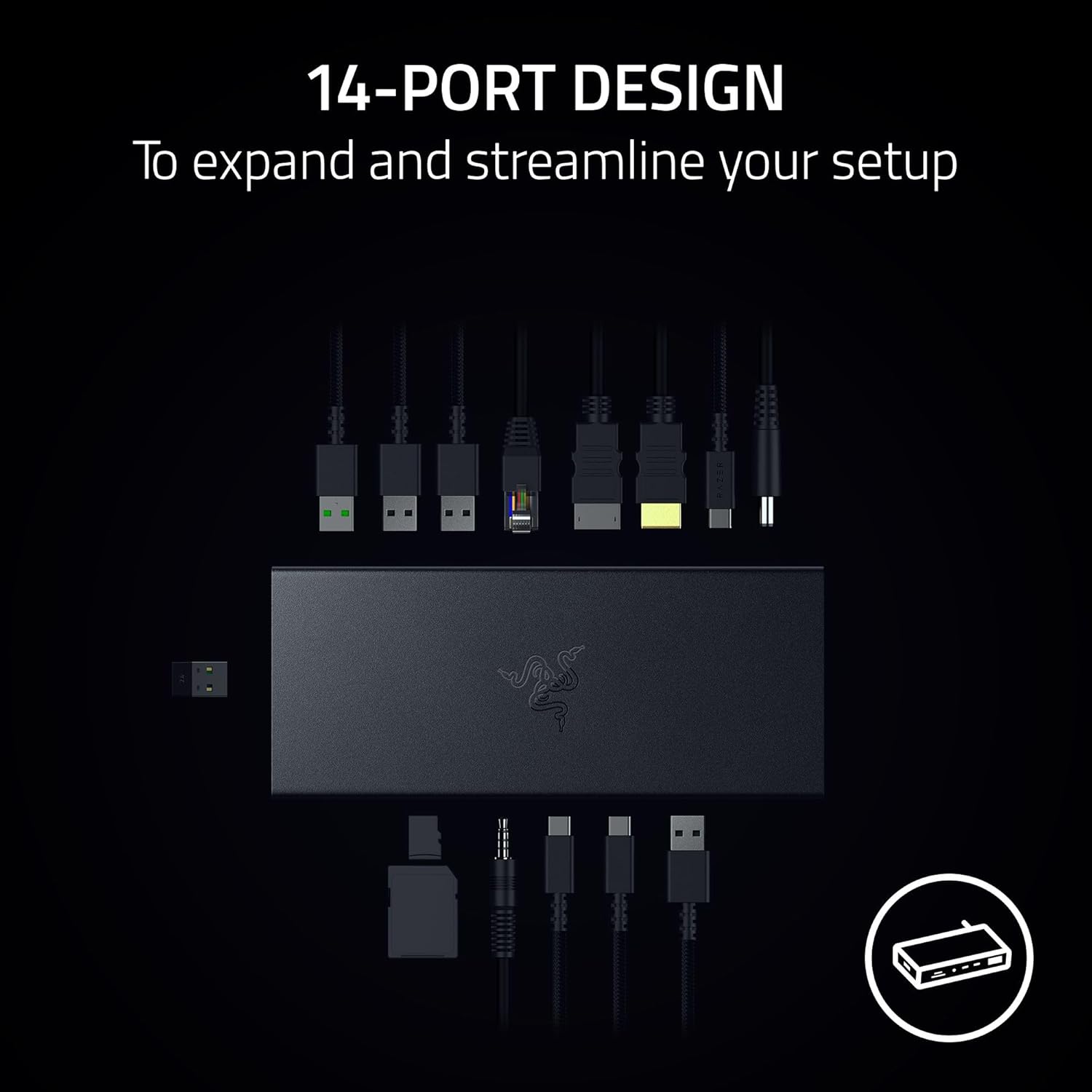Razer USB 4 Dock - High-Speed Dock for Gaming and Productivity - 14-Port Design - Dual Display Support, Device Charging (3x USB-C, 5x USB-A, HDMI, DisplayPort, Gigabit Ethernet, 3.5mm Audio