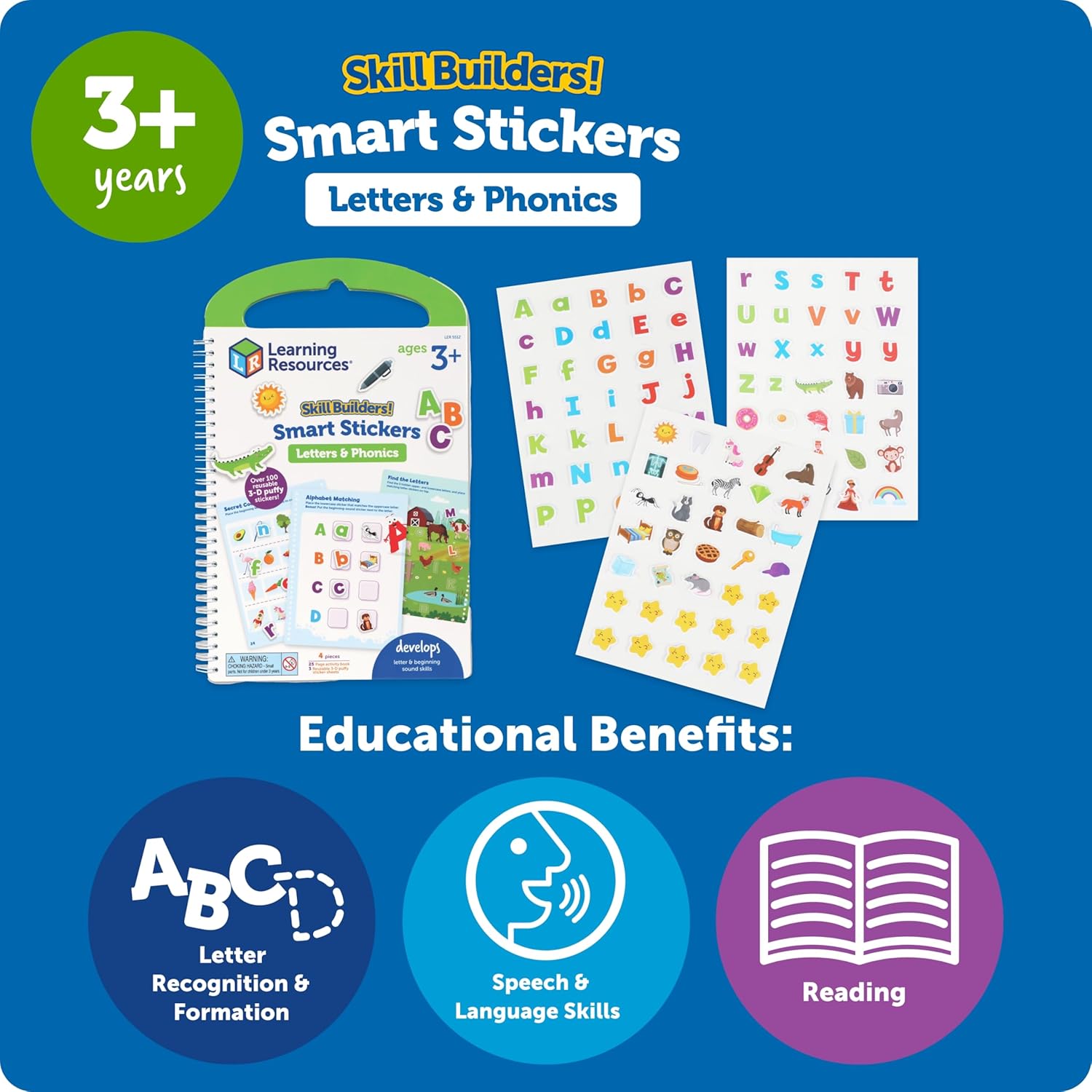 Learning Resources Skill Builders Smart Stickers Letters & Phonics, Alphabet Stickers, Reusable Sticker Book, Preschool Classroom Must Haves, Montessori busy books, Homeschool Learning, Ages 3+