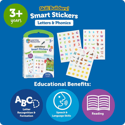Learning Resources Skill Builders Smart Stickers Letters & Phonics, Alphabet Stickers, Reusable Sticker Book, Preschool Classroom Must Haves, Montessori busy books, Homeschool Learning, Ages 3+