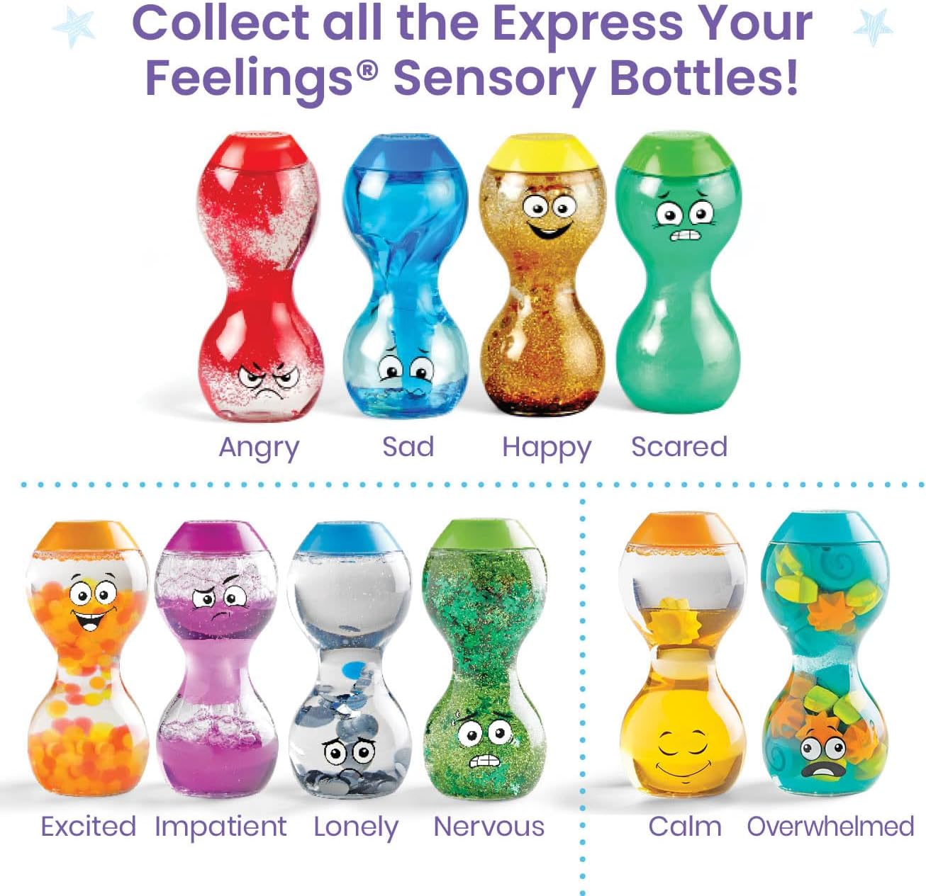 Learning Resources- Messa a Fuoco Express Your Feelings Bottiglie Sopraffatto e Calmo, età 3 Emozioni, sensoriali, Giocattoli Antistress, Apprendimento Sociale ed emotivo, Multicolore, M, 96241