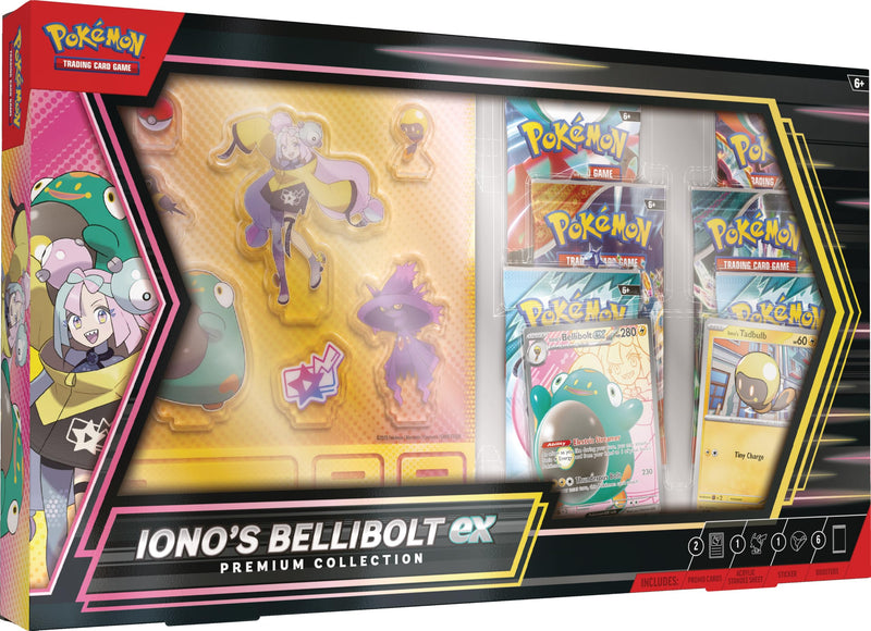 Pokémon TCG: Iono's Bellibolt ex Premium Collection (1 Fullart Foil-Promo-Karte, 6 Boosterpacks & Acrylständer