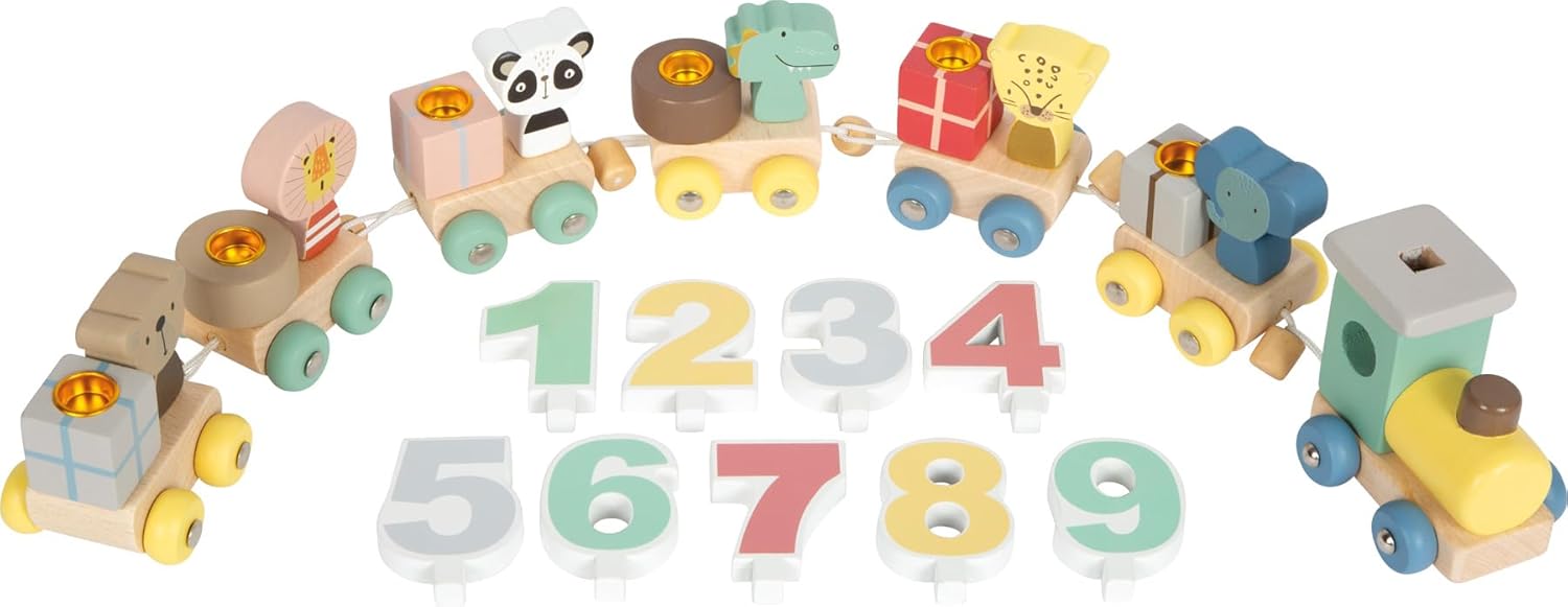small foot verjaardagstrein dieren van hout, met nummer locomotief, 6 wagons met dierfiguren, nummer stekkers 1-9, decoratie voor kinderfeestjes, 12626
