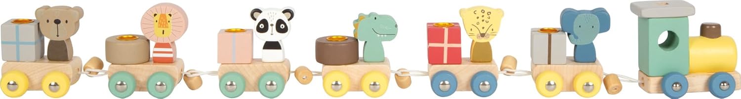 small foot verjaardagstrein dieren van hout, met nummer locomotief, 6 wagons met dierfiguren, nummer stekkers 1-9, decoratie voor kinderfeestjes, 12626