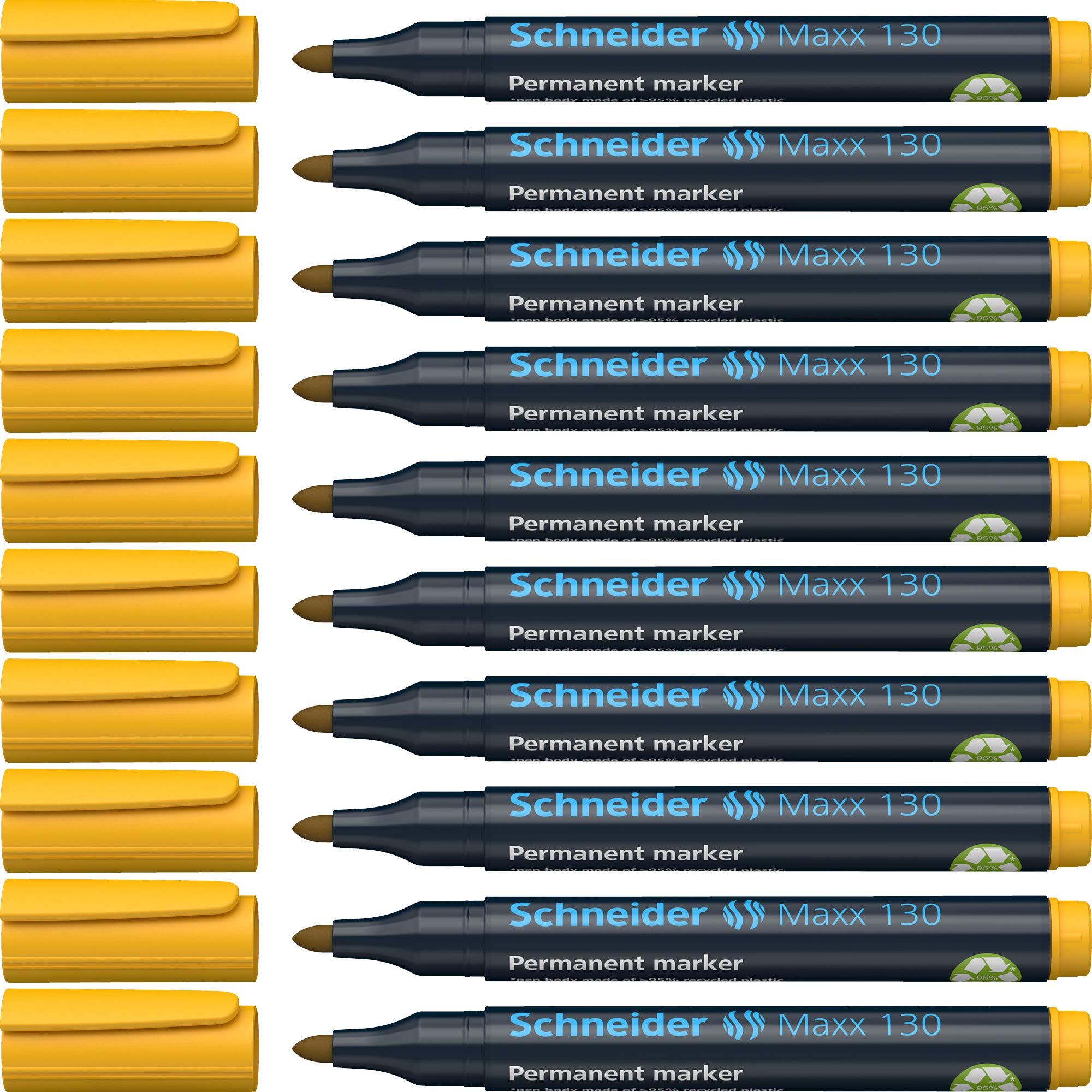Schneider Marker Pen 130 1-3 mm Permanent Cap-Off-Ink Refillable Pack of 10 Yellow