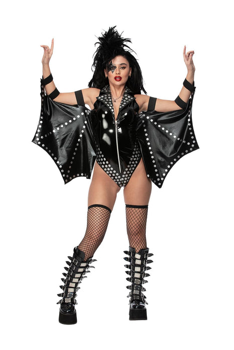 Smiffys Fever Rockstar Costume for Women, Medium Sexy Black Vinyl Bodysuit with Studded Wing Sleeves – Glam Rock Fancy Dress for Festivals, Gigs, Stage Shows & Halloween