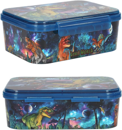 Depesche 13399 Dino World Galaxy - Lunchbox in donkerblauw, met dino motief en ruimtedesign, lunchbox met 3 vakken en transparante deksel