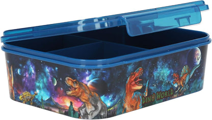 Depesche 13399 Dino World Galaxy - Lunchbox in donkerblauw, met dino motief en ruimtedesign, lunchbox met 3 vakken en transparante deksel