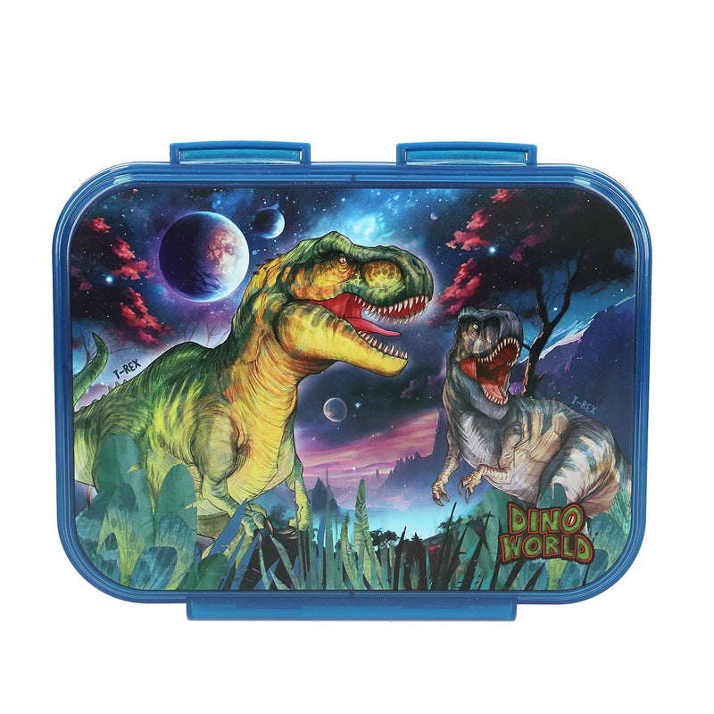 Depesche 13399 Dino World Galaxy - Lunchbox in donkerblauw, met dino motief en ruimtedesign, lunchbox met 3 vakken en transparante deksel