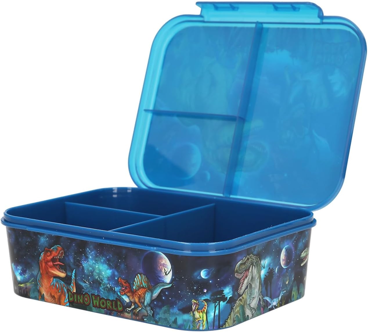 Depesche 13399 Dino World Galaxy - Lunchbox in donkerblauw, met dino motief en ruimtedesign, lunchbox met 3 vakken en transparante deksel