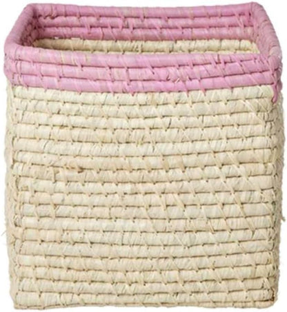 Rice - Raffia Basket Without Handles In Nature With Soft Pink Border - 20 Cm X 20 Cm X 20 Cm - Natural With Soft Pink Bo