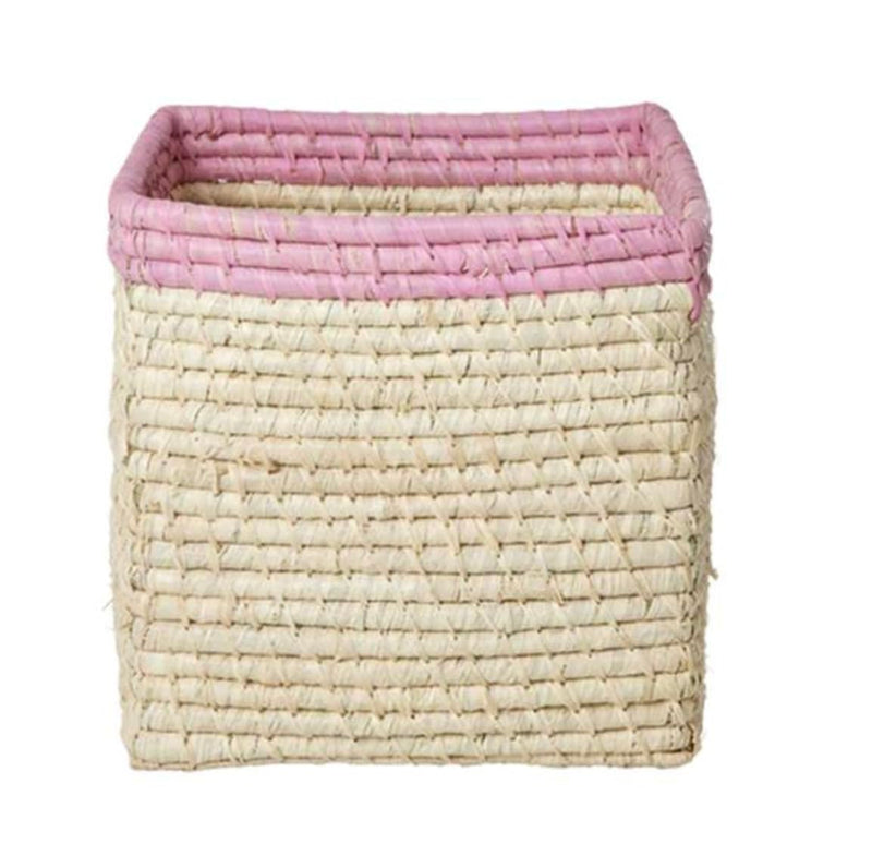 Rice - Raffia Basket Without Handles In Nature With Soft Pink Border - 20 Cm X 20 Cm X 20 Cm - Natural With Soft Pink Bo