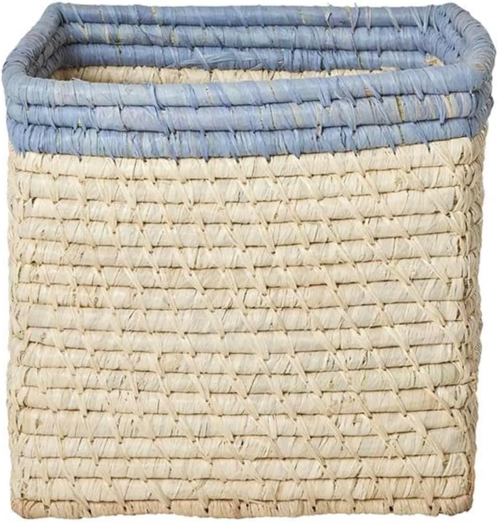 Rice - Raffia Basket Without Handles In Nature With Blue Border - 20 Cm X 20 Cm X 20 Cm - Natural With Blue Border