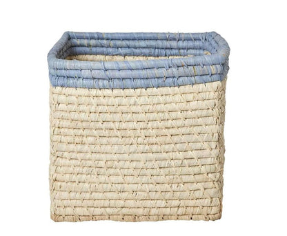 Rice - Raffia Basket Without Handles In Nature With Blue Border - 20 Cm X 20 Cm X 20 Cm - Natural With Blue Border