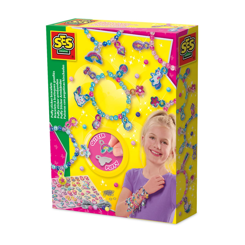 SES Creative 14747 Puffy Sticker Armbanden - Creatieve knutselset voor kinderen vanaf 5 jaar - Maak trendy armbanden met 60 gezwollen glitterstickers om 30 unieke bedels te maken