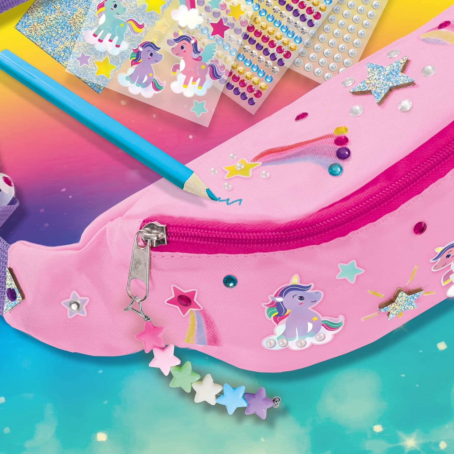 SES Creative 14774 Galaxy Fashion Fanny Pack - Personaliseer je eigen trendy roze heuptas met kleurrijke markers, stickers en sterkralen