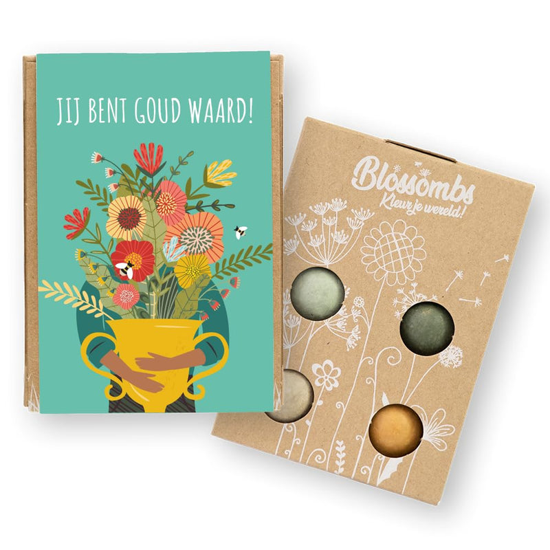 Blossombs Bombe di semi Mini scatola regalo con 4 bombe di fiori - Vale l'oro! - Bombe di semina, fiori di campo, semi di fiori, regalo floreale per farfalle, api e bombi