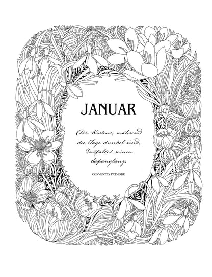 Wunderbare Blütenwelt: Ein Malbuch für das ganze Jahr | Ein Kapitel pro Monat mit hochwertigen Illustrationen von Flora und Fauna passend zur Jahreszeit