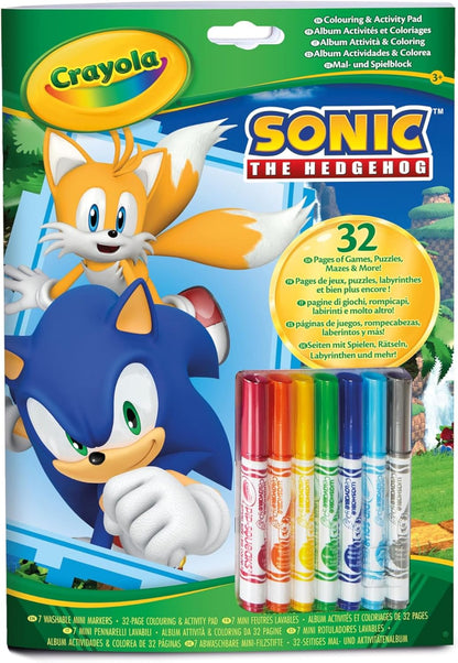 CRAYOLA - Sonic Activity & Coloring Album, 32 Colouring Pages and 7 Mini Washable Markers 04-0866G