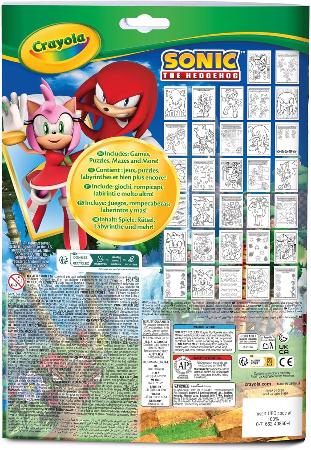 CRAYOLA - Sonic Activity & Coloring Album, 32 Colouring Pages and 7 Mini Washable Markers 04-0866G