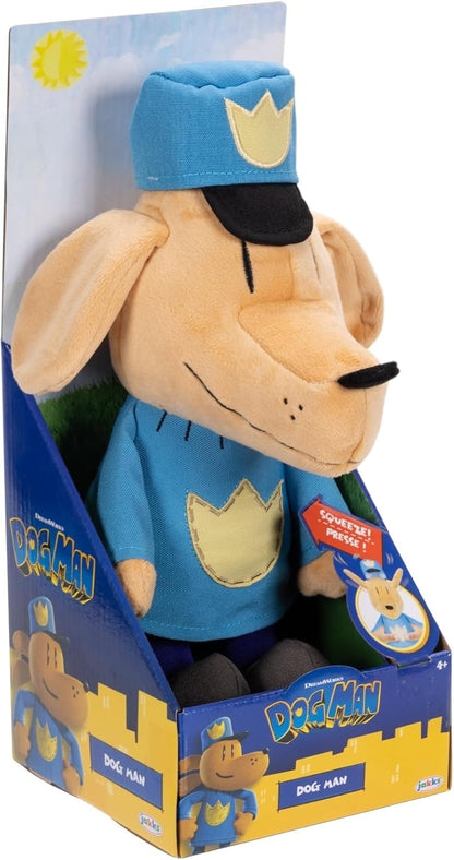 Dog Man Feature Plush by Jakks Pacific - Ears Flip Up and Down, Squeeze Dogman Plush for Fun Sound Effect, Toot! Collect all Dogman Plush, Based on The Dog Man Movie, Inspired by Dog Man Book