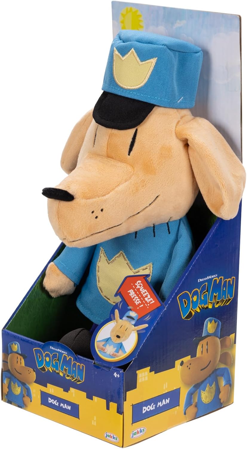 Dog Man Feature Plush by Jakks Pacific - Ears Flip Up and Down, Squeeze Dogman Plush for Fun Sound Effect, Toot! Collect all Dogman Plush, Based on The Dog Man Movie, Inspired by Dog Man Book
