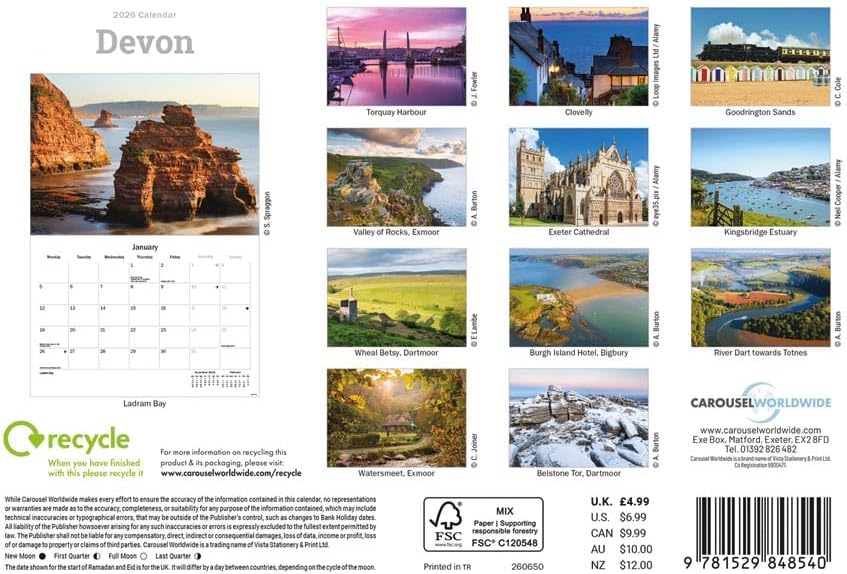 Carousel Worldwide, Devon 2026 A5 Wall Calendar