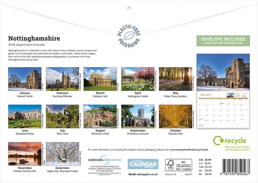 Nottinghamshire 2026 A4 Wall Calendar