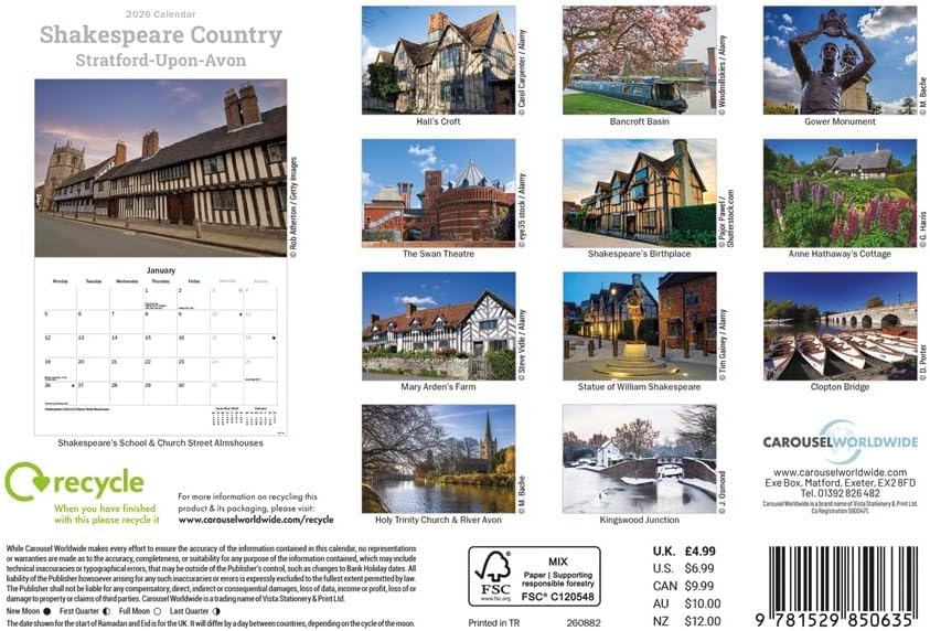Carousel Worldwide, Shakespeare Country 2026 A5 Wall Calendar