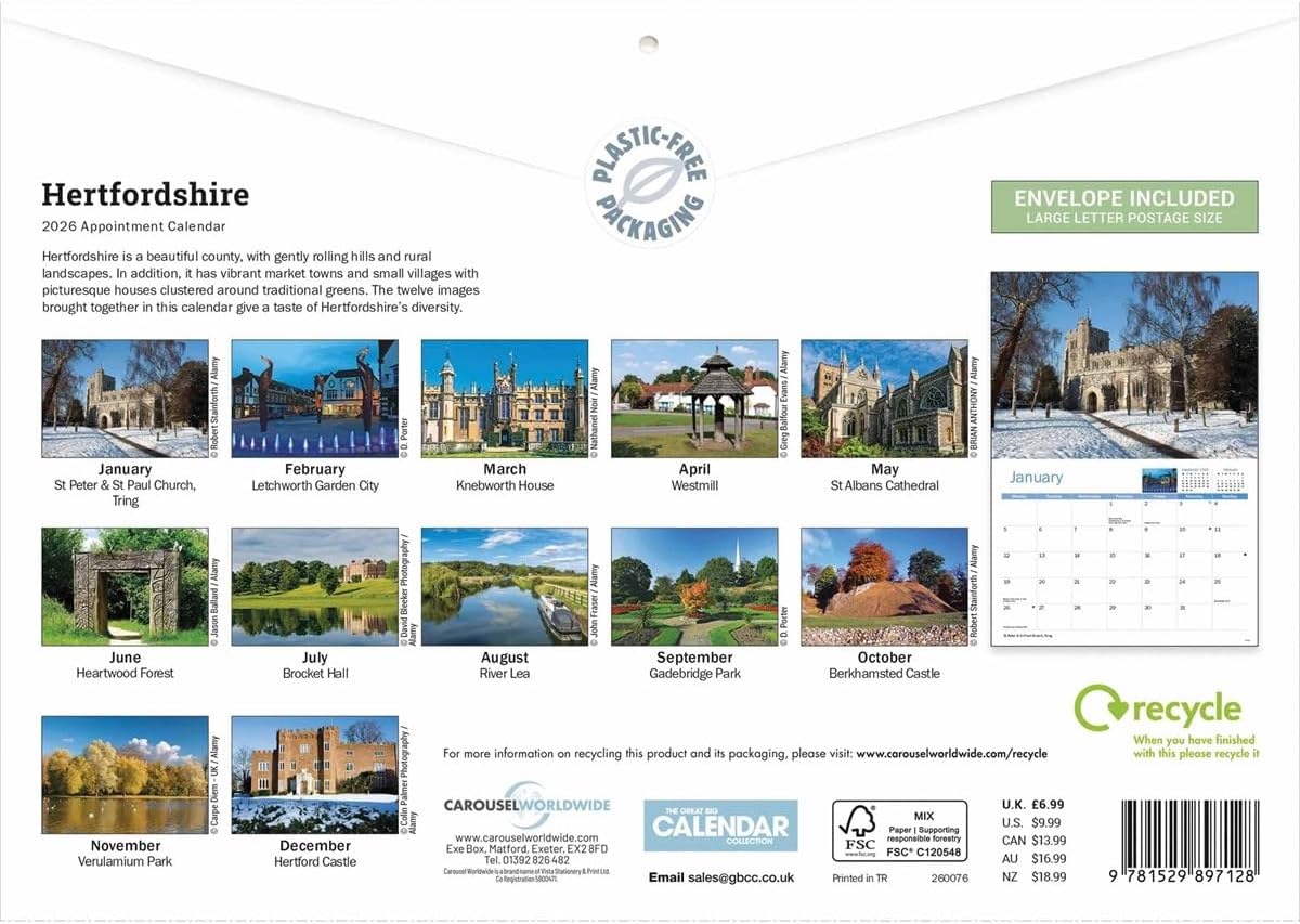 Hertfordshire 2026 A4 Wall Calendar