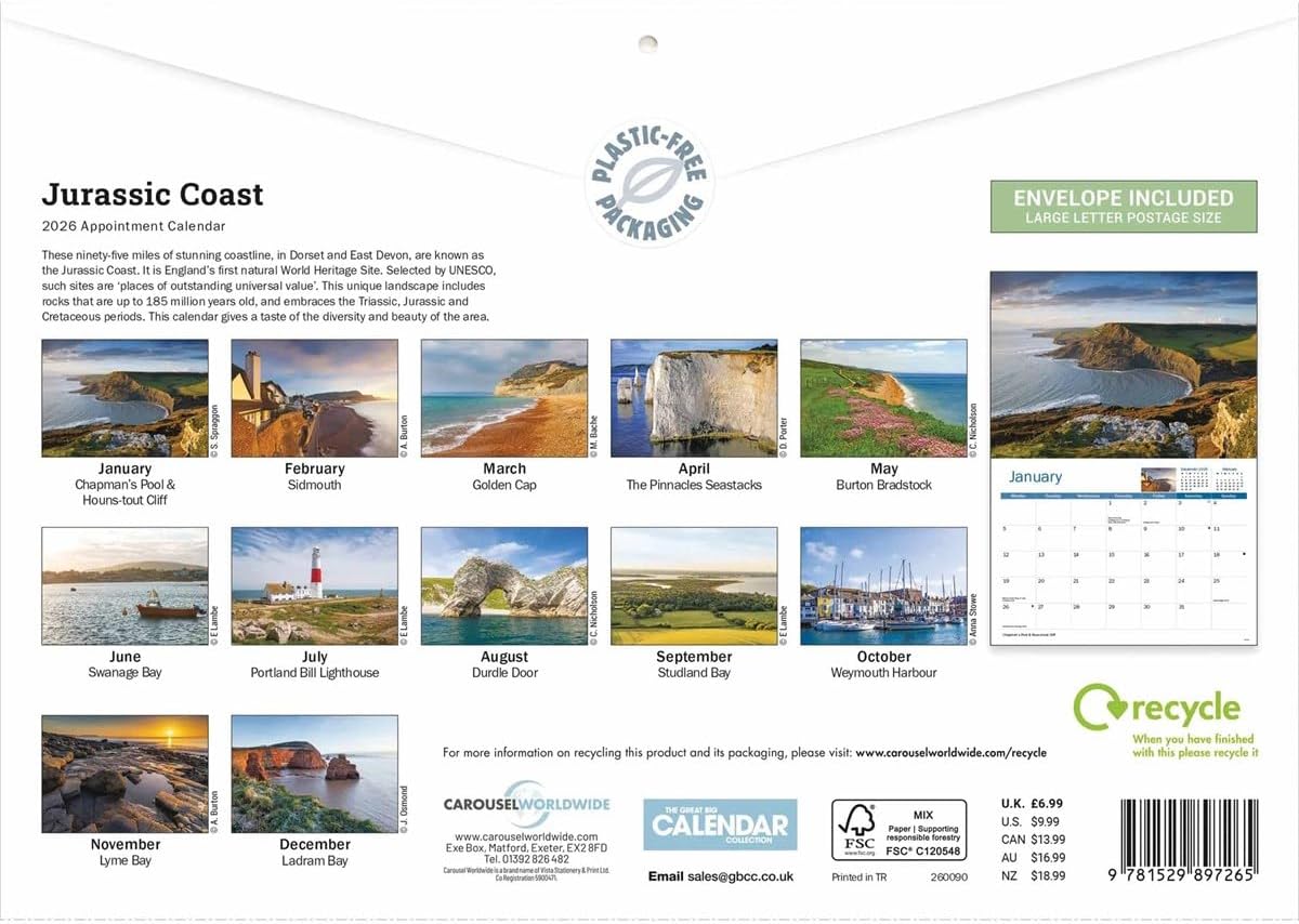 Jurassic Coast 2026 A4 Wall Calendar