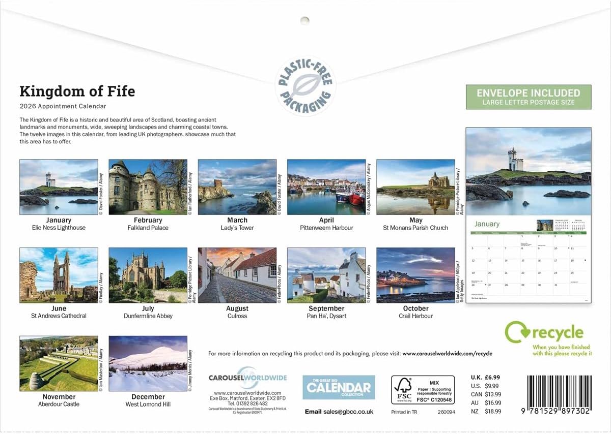 Carousel Worldwide, Kingdom of Fife 2026 A4 Wall Calendar