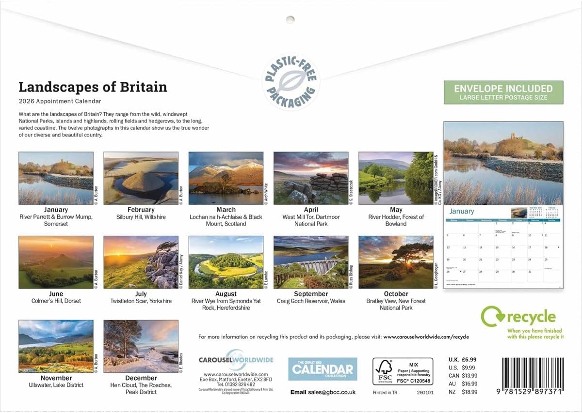 Carousel Worldwide, Landscapes of Britain 2026 A4 Wall Calendar