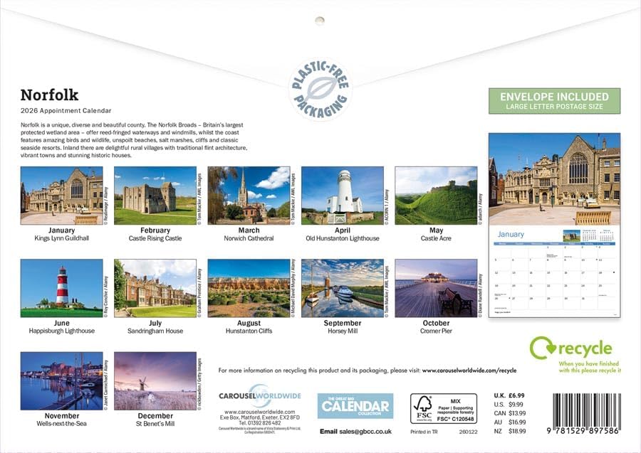 Carousel Worldwide, Norfolk 2026 A4 Wall Calendar