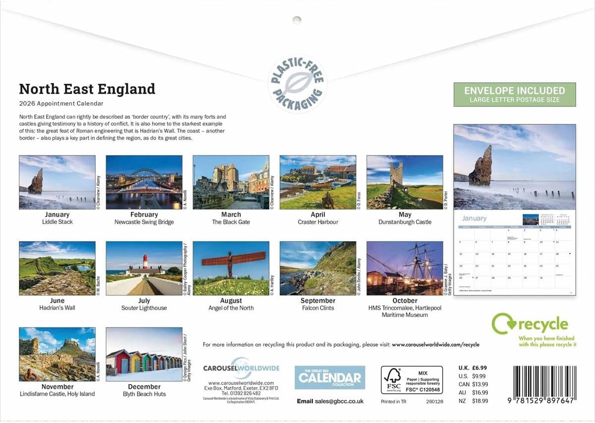 North East England 2026 A4 Wall Calendar