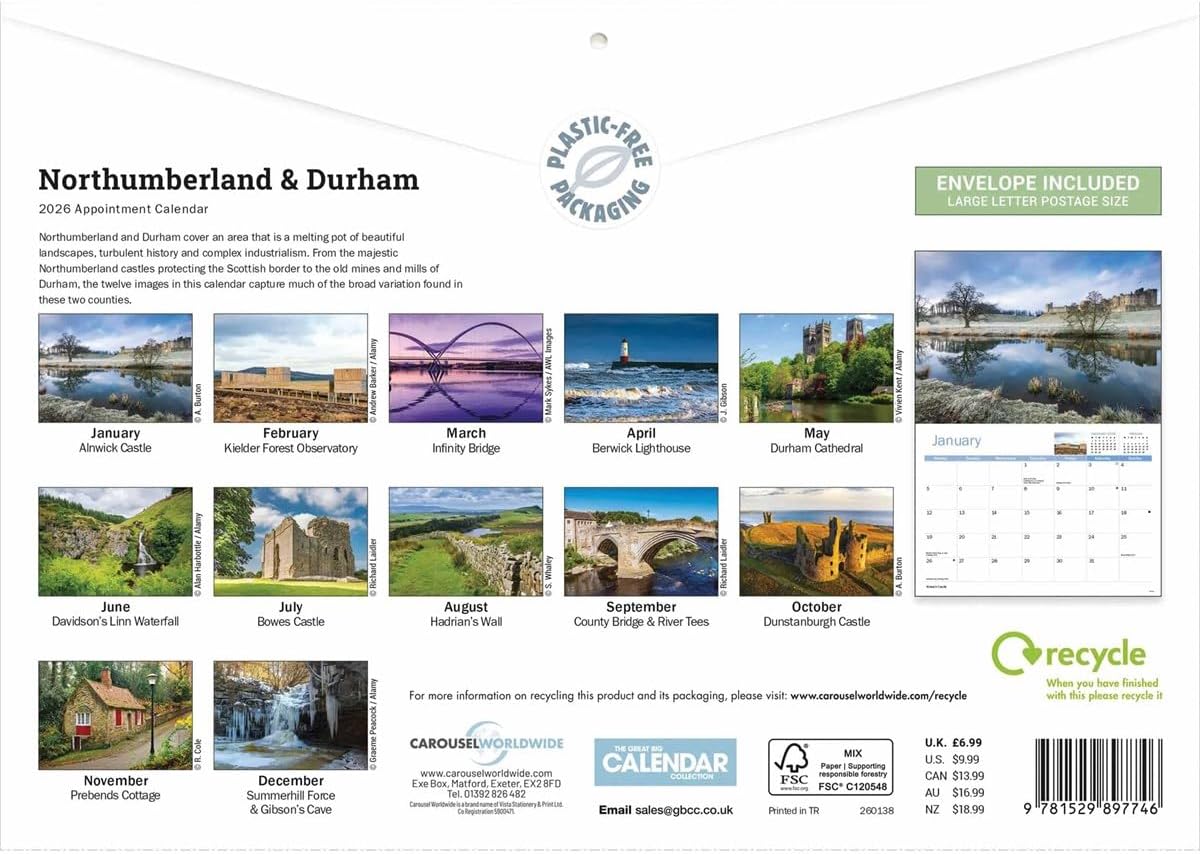 Northumberland & Durham 2026 A4 Wall Calendar