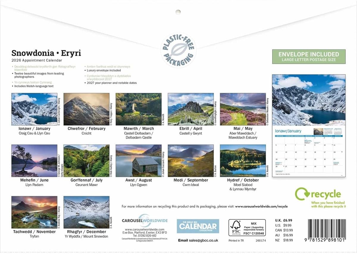 Snowdonia 2026 A4 Wall Calendar