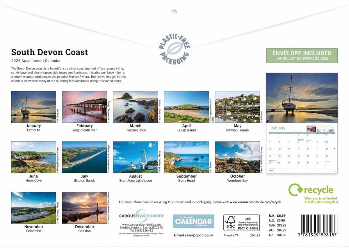 South Devon Coast 2026 A4 Wall Calendar